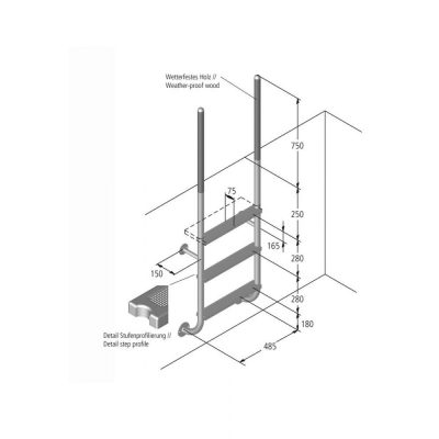 Лестница ROMA 23, 2-ступени, (фланцевое крепление), AISI 316/поручни-дерево чертеж, схема Allpools