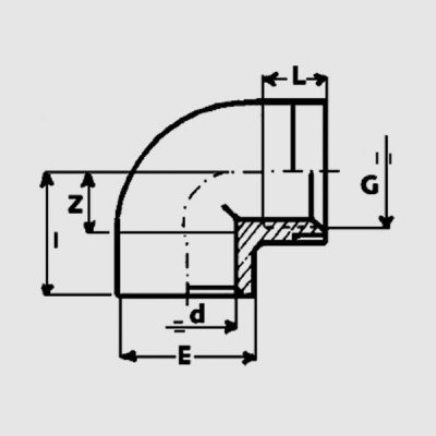 Угол 90° ПВХ d=32-1" внутр.р. PN16 IBG с металлическим кольцом чертеж, схема Allpools