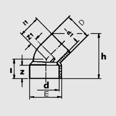 Угол 45° ПВХ d63–63/50 PN10 чертеж, схема Allpools