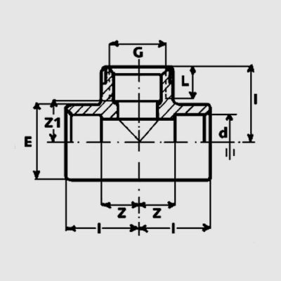 Тройник 90° ПВХ d=20-1/2" внутр.р., с мет. кольцом PN16 IBG чертеж, схема Allpools