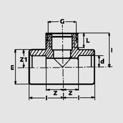 Тройник 90° ПВХ d=32-1" внутр.р. PN10 IBG чертеж, схема Allpools