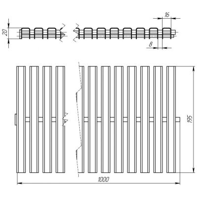 Переливная решетка поперечная, гибкая (AISI 316) шир. 195 мм чертеж, схема Allpools