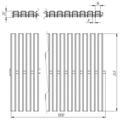 Переливная решетка поперечная, гибкая (AISI 316) шир. 245 мм чертеж, схема Allpools