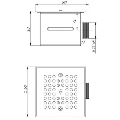 Донный слив 1,5" 150х150, плитка (наруж. р.) чертеж, схема Allpools