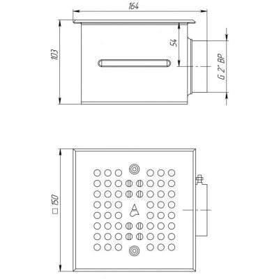 Донный слив 2" 150х150, плитка (внутр. резьба) чертеж, схема Allpools