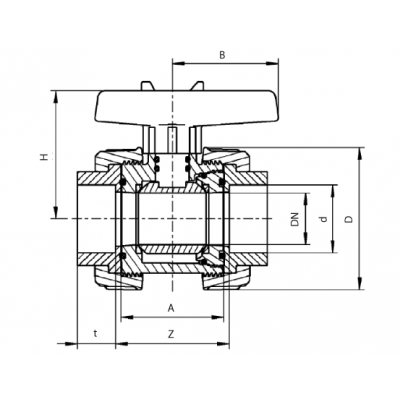 Шаровой кран S6 2W ASTM d20, PN16 чертеж, схема Allpools