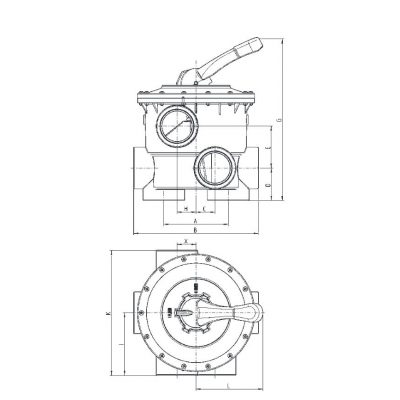 Клапан обратной промывки ocean V6 ND, бок.подкл. 2", BSP, Praher чертеж, схема Allpools