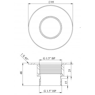 Адаптер 1,5"х1,5" (пылесоса), плитка (AISI 316L) чертеж, схема Allpools