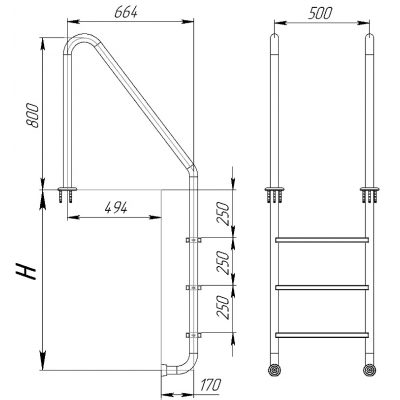 Лестница "Standart" 3 ступени (AISI 316L) чертеж, схема Allpools