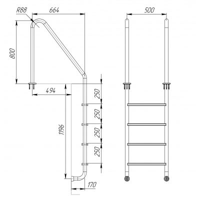 Лестница "Standart" 4 ступени (AISI 316L) чертеж, схема Allpools