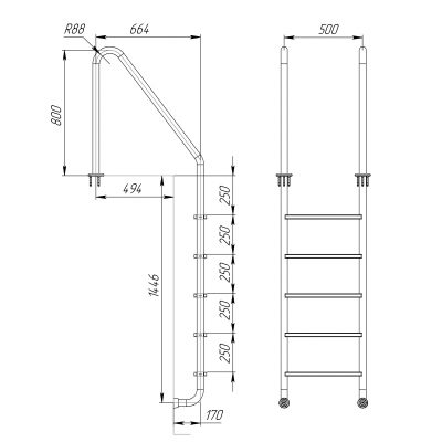 Лестница "Standart" 5 ступеней (AISI 316L) чертеж, схема Allpools