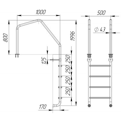 Лестница "Special overflow" 4 ступени (AISI 316L) чертеж, схема Allpools