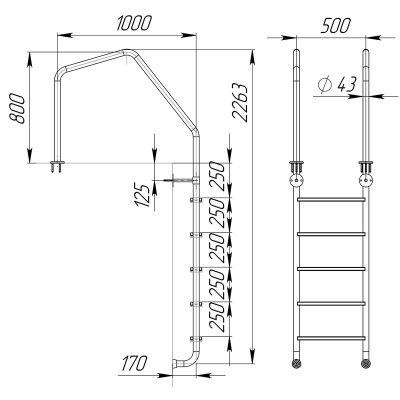 Лестница "Special overflow" 5 ступеней (AISI 316L) чертеж, схема Allpools