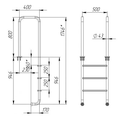 Лестница "Wall" 3 ступени (AISI 316L) чертеж, схема Allpools